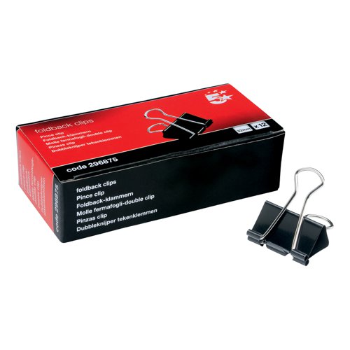 5 STAR OFFICE FOLDBACK CLIPS 32MM BLACK (PACK OF 12)