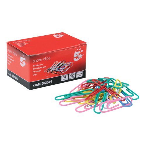 5 STAR OFFICE PAPERCLIPS METAL PLAIN LARGE LENGTH 30MM ASSOR