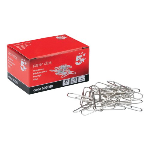 5 STAR OFFICE PAPERCLIPS METAL LARGE LENGTH 33MM LIPPED PLAI