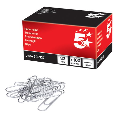 5 STAR OFFICE PAPERCLIPS METAL LARGE LENGTH 33MM PLAIN (PACK
