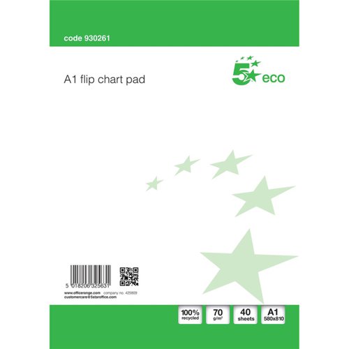5 STAR ECO RECYCLED FLIPCHART PAD PERFORATED 40 SHEETS A1 GR