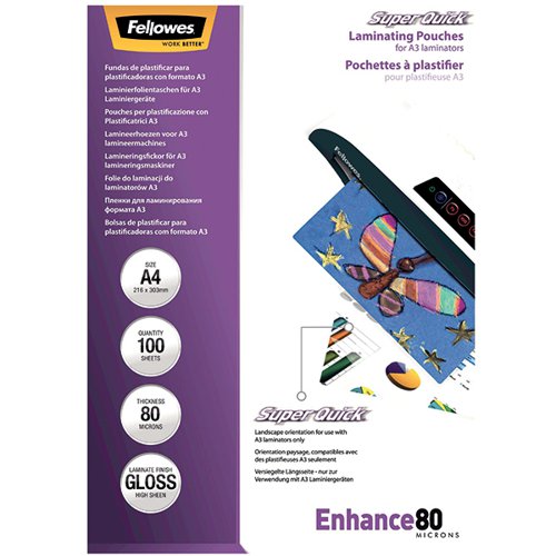 FELLOWES SUPERQUICK LAMINATING POUCH A4 160 MICRON TOTAL THI