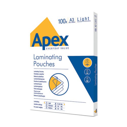 FELLOWES APEX A3 LIGHT LAMINATING POUCHES CLEAR (PACK OF 100
