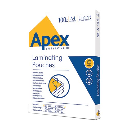 FELLOWES APEX A4 LIGHT LAMINATING POUCHES CLEAR (PACK OF 100