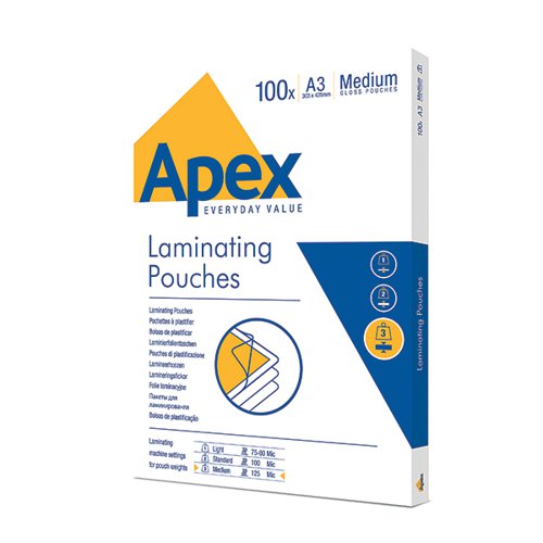 FELLOWES APEX A3 MEDIUM LAMINATING POUCHES CLEAR (PACK OF 10