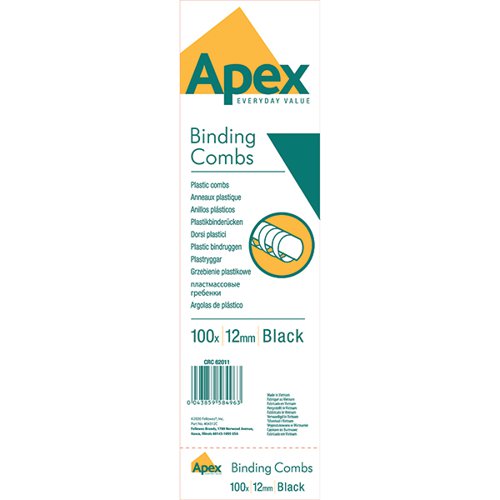 FELLOWES APEX PLASTIC BINDING COMBS 12MM BLACK (PACK OF 100)