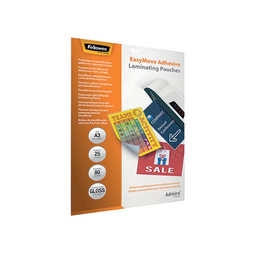 FELLOWES ADMIRE EASYMOVE LAMINATING POUCH A3 160 MICRON TOTA