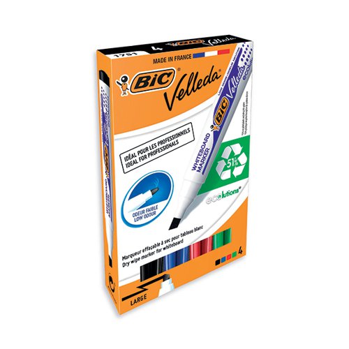 BIC VELLEDA 1751 DRYWIPE MARKER ASSORTED (PACK OF 4) 1199001