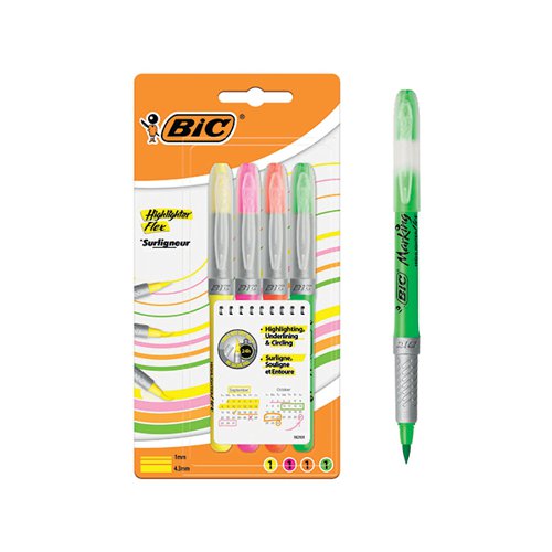 BIC HIGHLIGHTER FLEX BRUSH TIP ASSORTED COLOURS (4 PACK) 942