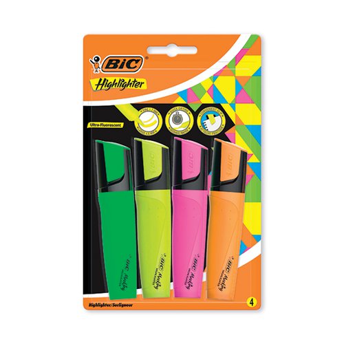 BIC MARKING HIGHLIGHTER CHISEL TIP ASSORTED (PACK OF 4) 9436