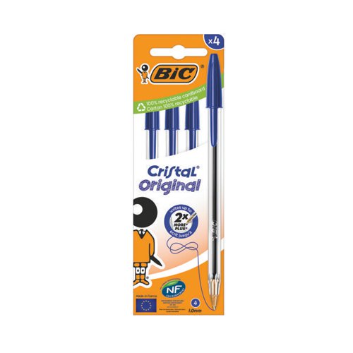 BIC CRISTAL BALLPOINT PEN MEDIUM BLUE (PACK OF 4) 516332