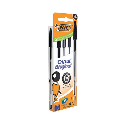 BIC CRISTAL BALLPOINT PEN MEDIUM BLACK (PACK OF 4) 516335