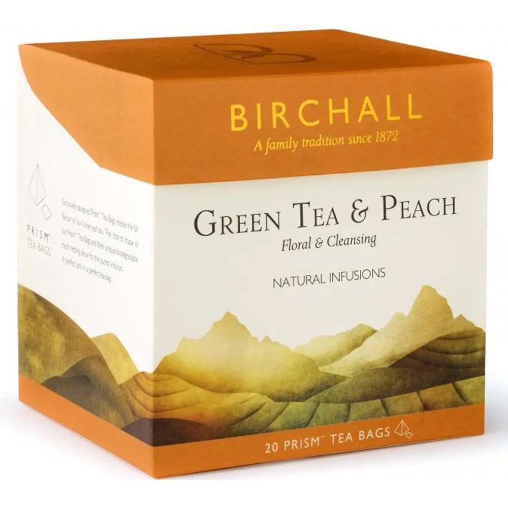 BIRCHALL GREEN TEA & PEACH TAG & ENVELOPE PRISM TEA BAGS (20 bags)