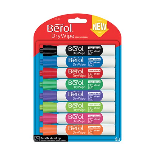 BEROL DRYWIPE MARKER CHISEL TIP ASSORTED (8 PACK) 1984884