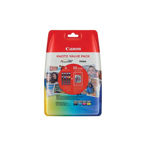 CANON CLI-526 INK CARTRIDGE + 4 X 6 IN PHOTO PAPER VALUE PAC