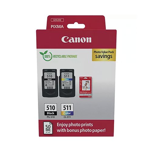 CANON PG-510/CL-511 INK CARTRIDGES K/CMY + 4 X 6 IN PHOTO PA