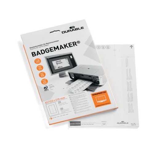 DURABLE BADGEMAKER INSERT SHEETS 61X210MM 150GSM WHITE (PACK