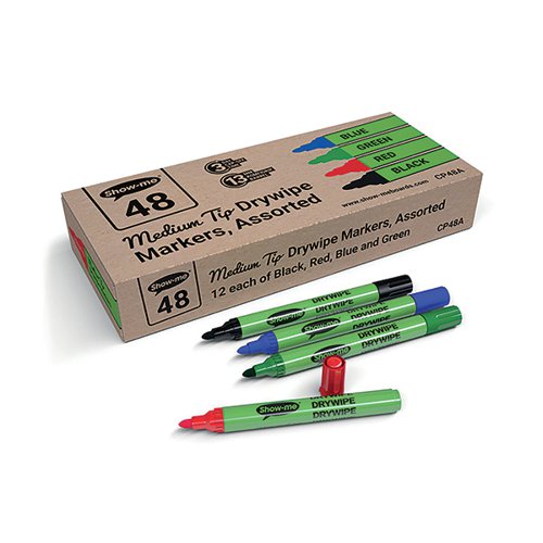 SHOW-ME DRYWIPE MARKERS MEDIUM TIP SLIM BARREL ASSORTED (PAC