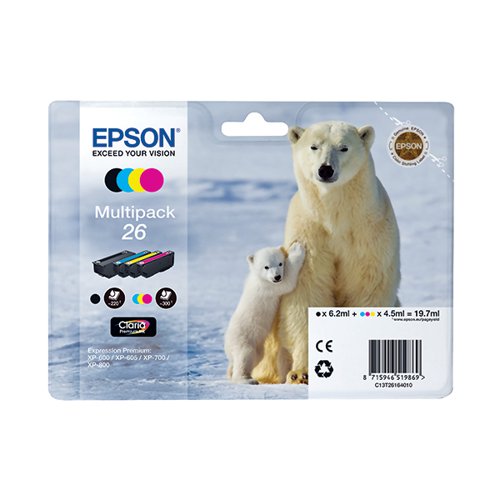 EPSON 26 POLAR BEAR CLARIA PREMIUM INK CARTRIDGE CMYK MULTIP