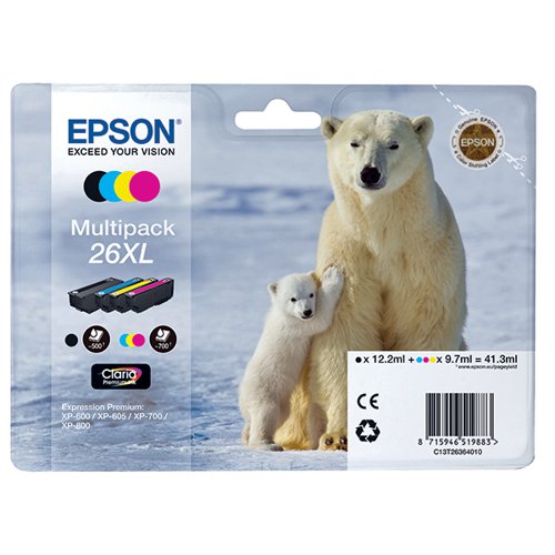 EPSON 26XL POLAR BEAR INK CARTRIDGE HIGH YIELD CMYK MULTIPAC