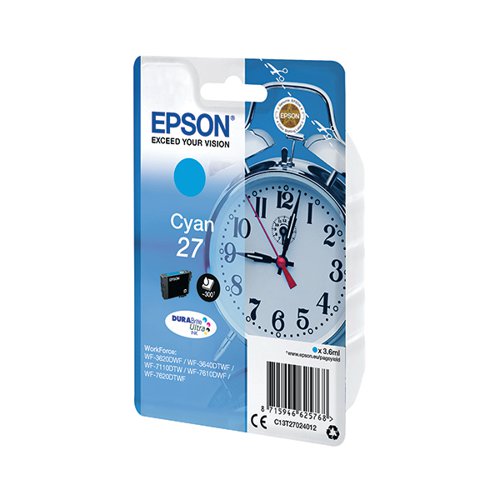 EPSON 27 ALARM CLOCK DURABRITE ULTRA INK CARTRIDGE CYAN C13T