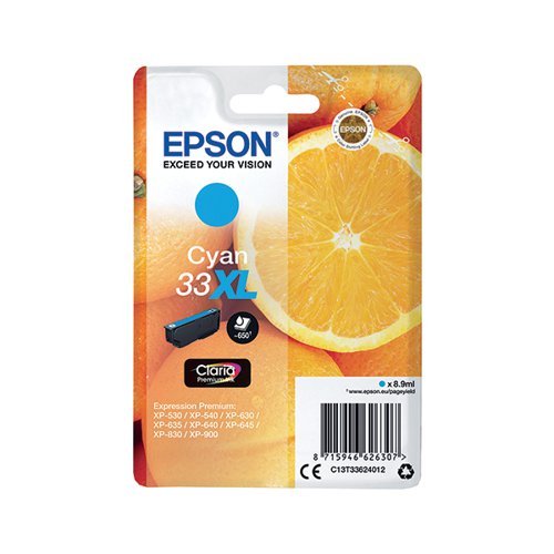EPSON 33XL ORANGES INK CARTRIDGE HIGH YIELD CYAN C13T3362401