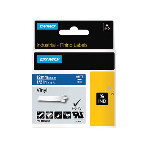 DYMO 18444 RHINO LABEL PRINTER TAPE 12MMX5.5M BLACK ON WHITE S0718600