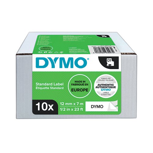 DYMO D1 LABELMAKER TAPE 12MMX7MM BLACK ON WHITE (PACK OF 10) 2093097