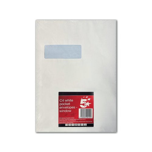5 STAR OFFICE C4 ENVELOPE WINDOW PEEL AND SEAL 90GSM WHITE (PACK OF 10)