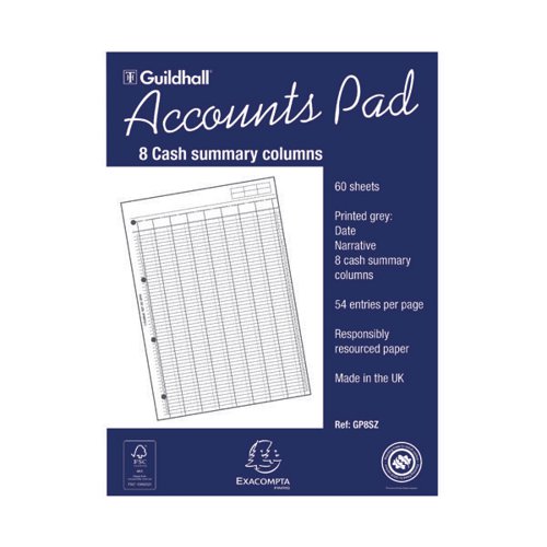EXACOMPTA GUILDHALL ACCOUNT PAD 8-COLUMN SUMMARY A4 1589