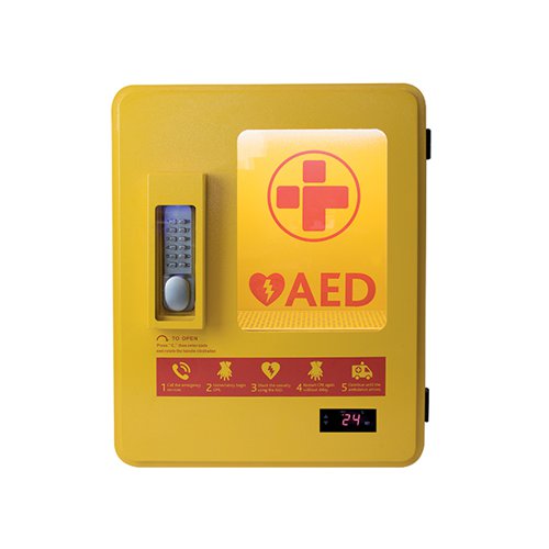 AED ALARMED OUTDOOR WALL MOUNTABLE HEATED METAL CABINET YELL