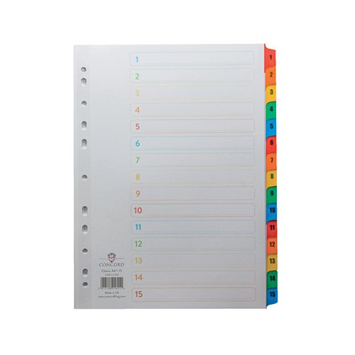 CONCORD INDEX 1-15 A4 WHITE WITH MULTICOLOURED MYLAR TABS 01