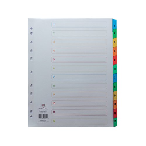 CONCORD INDEX 1-12 A4 EXTRA WIDE MULTICOLOURED MYLAR TABS 09
