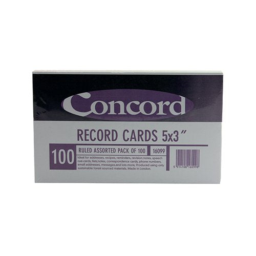 CONCORD RECORD CARD 127X76MM ASSORTED (PACK OF 100) 16099