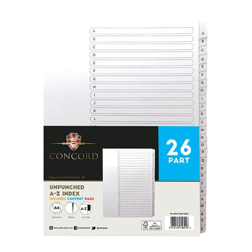 CONCORD UNPUNCHED INDEX A-Z 26 PART A4 160GSM WHITE (PACK OF