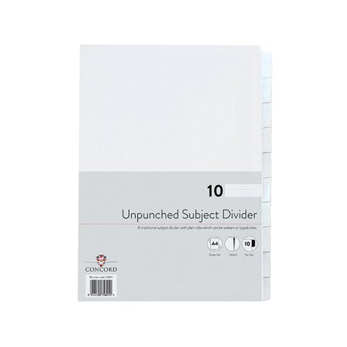 CONCORD UNPUNCHED DIVIDER 10-PART A4 150GSM WHITE (PACK OF 10) 75801