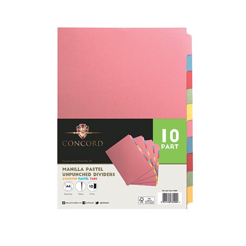 CONCORD UNPUNCHED DIVIDER 10-PART A4 MULTICOLOURED (PACK OF