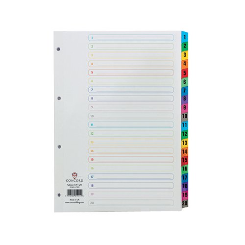 CONCORD INDEX 1-20 A4 WHITE WITH MULTICOLOUR TABS 01901/CS19