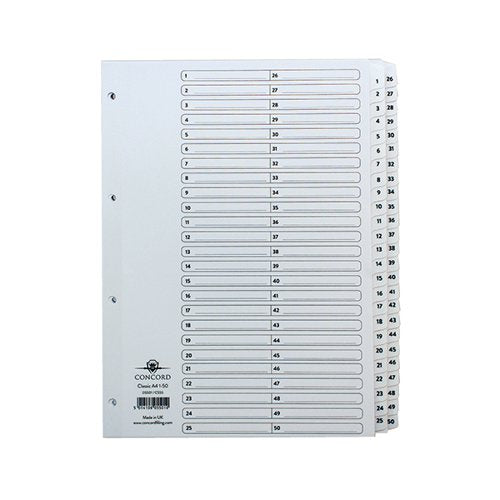 CONCORD CLASSIC INDEX 1-50 A4 WHITE BOARD CLEAR MYLAR TABS 0