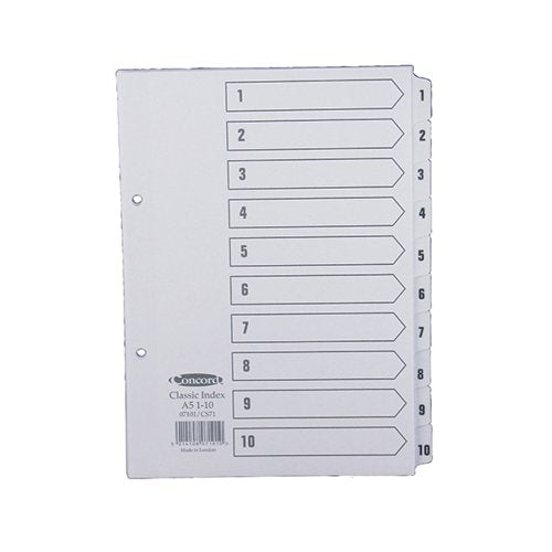 CONCORD REINFORCED INDEX 1-10 A5 WHITE BOARD MYLAR TABS 0710