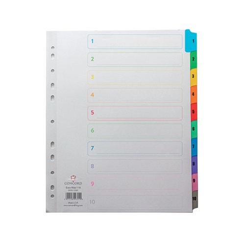 CONCORD INDEX 1-10 A4 EXTRA WIDE MULTICOLOURED MYLAR TABS 09