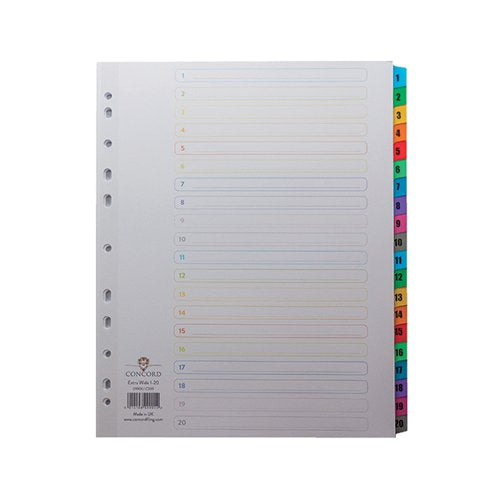 CONCORD INDEX 1-20 A4 EXTRA WIDE MULTICOLOURED MYLAR TABS 09