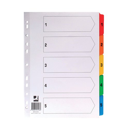 Q-CONNECT 1-5 INDEX MULTI-PUNCHED REINFORCED BOARD MULTI-COLOUR NUMBERED TABS A4 WHITE KF01518