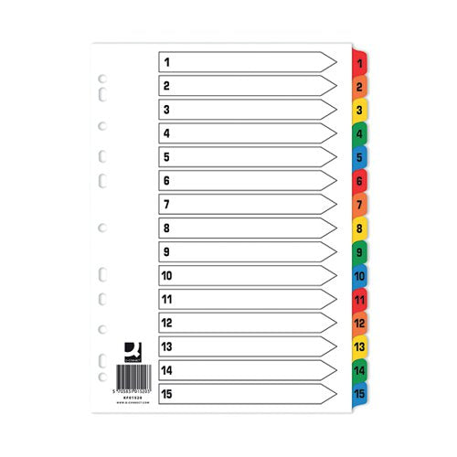 Q-CONNECT INDEX 1-15 BOARD REINFORCED MULTICOLOURED (10 PACK) KF01520Q