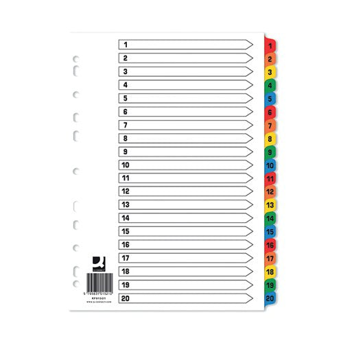 Q-CONNECT INDEX 1-20 BOARD REINFORCED MULTICOLOURED (10 PACK) KF01521Q