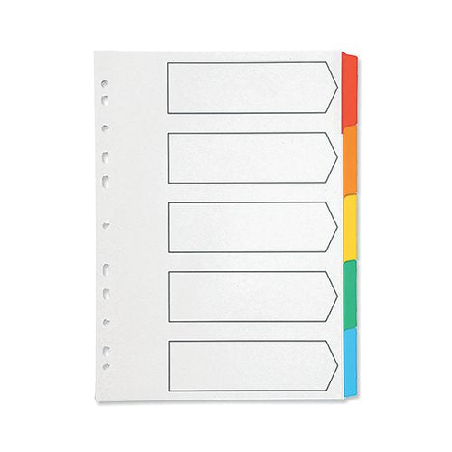 Q-CONNECT 5-PART INDEX MULTI-PUNCHED REINFORCED BOARD MULTI-COLOUR BLANK TABS A4 WHITE KF01525