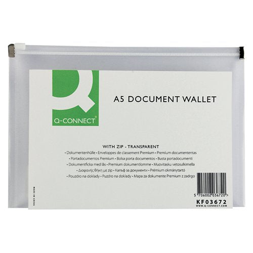 Q-CONNECT DOCUMENT ZIP WALLET A5 TRANSPARENT (PACK OF 10) KF03672