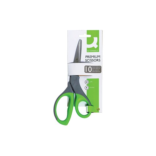 Q-CONNECT PREMIUM ERGONOMIC SCISSORS 210MM STAINLESS STEEL BLADES GREEN/GREY HANDLE KF03987