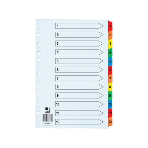 Q-CONNECT 1-12 INDEX EXTRA WIDE REINFORCED MULTI-COLOUR TABS