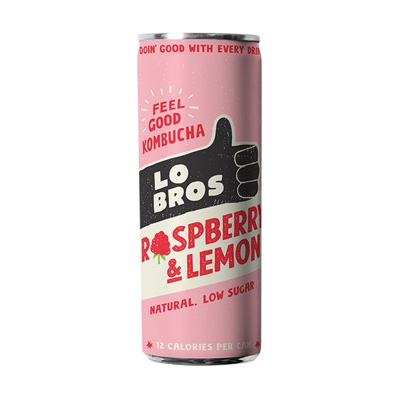 LO BROS LOW SUGAR RASPBERRY & LEMON KOMBUCHA CANS (250ml) x 12
